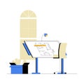 Drafting Table With Architectural Blueprint In Flat Vector Illustration Symbolizing Creativity, Planning, And