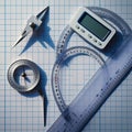 Drafting tools arranged on graph paper, consisting of a compass with metal legs, a protractor. Royalty Free Stock Photo