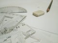 Drafting tools, eraser and pencil are on white background 3. Royalty Free Stock Photo