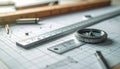 Drafting tools on graph paper with ruler compass and metal set squares Royalty Free Stock Photo