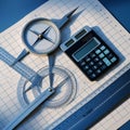 Drafting tools on a grid paper include a pair of compasses, a calculator, a protractor, and multiple rulers. Royalty Free Stock Photo