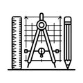 Drafting tools ruler compass pencil and grid lines Royalty Free Stock Photo