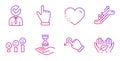 Drag drop, Heart and Escalator icons set. Vacancy, Click hand and Time hourglass signs. Vector