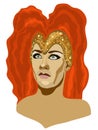 Vector isolated illustration of drag queen. Young man with bright makeup and crown of feathers.