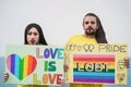 Drag queens holding lgbt banners outdoors at pride protest - Focus on faces