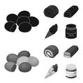 Dragee, roll, chocolate bar, ice cream. Chocolate desserts set collection icons in black,monochrome style vector symbol