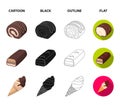 Dragee, roll, chocolate bar, ice cream. Chocolate desserts set collection icons in cartoon,black,outline,flat style