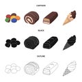 Dragee, roll, chocolate bar, ice cream. Chocolate desserts set collection icons in cartoon,black,outline style vector