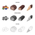 Dragee, roll, chocolate bar, ice cream. Chocolate desserts set collection icons in cartoon,outline,monochrome style