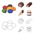 Dragee, roll, chocolate bar, ice cream. Chocolate desserts set collection icons in cartoon,outline style vector symbol