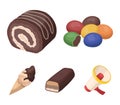 Dragee, roll, chocolate bar, ice cream. Chocolate desserts set collection icons in cartoon style vector symbol stock