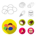 Dragee, roll, chocolate bar, ice cream. Chocolate desserts set collection icons in outline,flat style vector symbol