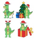 Set of cartoon Christmas and New Year Dragon characters. Cute Dragon in gift box, garland, candy cane, Deer Antler Headband, Chris