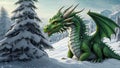 A dragon against a snowy landscape in the forest. Green Christmas dragon in the woods, generated AI Royalty Free Stock Photo