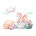 Dragon baby animals watercolor illustration. Dinosaurs for kids. Fairy dragons. Funny dragon, cute magic lizard with