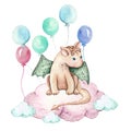 Dragon baby animals watercolor illustration. Dinosaurs for kids. Fairy dragons. Funny dragon, cute magic lizard with