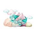 Dragon baby animals watercolor illustration. Dinosaurs for kids. Fairy dragons. Funny dragon, cute magic lizard with