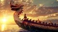 A dragon boat adorned with intricate patterns against the backdrop of a setting sun. Royalty Free Stock Photo