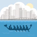 Dragon boat behind harbour city scene vector illustration