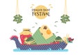 Dragon boat chinese festival, huge rice dumpling, sticky, jug on dragon boat vector cartoon Asian culture illustration Royalty Free Stock Photo