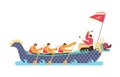 Dragon boat chinese festival, long boat with dragon body, flag, vector asian men are rowing, the drummer is beating drum