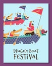 Dragon boat chinese festival, competition two long boat with dragon body, men are rowing, drummer vector poster Royalty Free Stock Photo