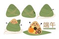 Happy dragon boat festival with cute rice dumpling character. Translate: Dragon boat festival. -Vector