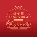 Dragon boat festival with abstract line gold dragon boat sign on red background china word translation Dragon boat festival