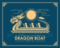 Dragon boat festival banner - yellow gold dragon boat with waterman sign and sun on blue background vector design Royalty Free Stock Photo