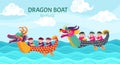 Dragon boat festival. Dragons boats cartoon boys, chinese boating water race. Sport competition, happy asian celebration