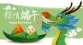 Dragon Boat Festival with rice dumpling cartoon character and dragon boat on abstract ink brush background. Translation - Dragon