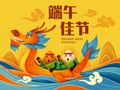 Dragon Boat Festival with rice dumpling cartoon character and dragon boat on water. Translation - Dragon Boat Festival, 5th of May