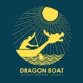 Dragon boat festival - Yellow gold dragon boat and boater on water river and sunlight with dashed line in circle shape on blue Royalty Free Stock Photo