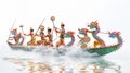 Dragon boat racers in action, paddling vigorously in ornate, colorful boats