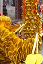 Dragon boat tied with golden paper, characteristic of Guangxi Zhuang, a Chinese minority