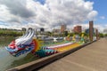 Dragon Boats moored along Willamette River Royalty Free Stock Photo