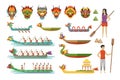 Dragon boats set, team of male athletes compete at Dragon Boat Festival vector Illustrations Royalty Free Stock Photo