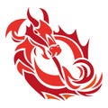 Dragon breathing flame silhouette in red, drawn by various lines in a flat style. Color tattoo, animal logo, emblem