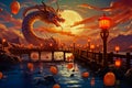 Dragon on bridge over body of water with lanterns floating. Chinese New Year