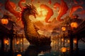 Dragon on bridge over body of water with lanterns floating. Chinese New Year