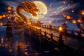Dragon on bridge over body of water with lanterns floating. Chinese New Year