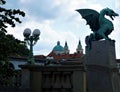 Dragon bridge and St. Nicholas cathedaral Ljubljana