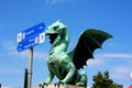 Dragon bridge in a summer day in Ljubljana with turistic signs,