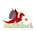 Dragon burns city. Red large mythical monster destroys town.