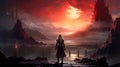 Apocalyptic Lady Wallpaper: Dark Crimson Landscape With Sun And Volcanoes