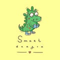 Card with cute cartoon smart dragon. Funny crocodile print. Reading reptile poster. Vector doodle line art. Illustration for chil