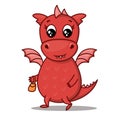 Dragon cartoon character. Cute red dragon walking. Sticker emoticon with positive emotion. Vector illustration on white