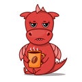 Dragon cartoon character. Cute tired red dragon with cup of coffee. Sticker emoticon with tired, exhausted, sleepy