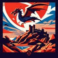 Dragon and castle on the rocks. Vector illustration in flat style. Generative AI