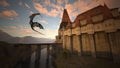Dragon with Castle in the sunset, 3D Illustration Royalty Free Stock Photo